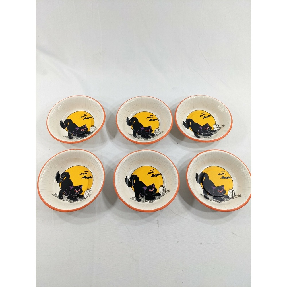 VINTAGE HALLOWEEN HALLMARK BLACK CAT, BATS AND HAUNTED HOUSE‎ PAPER BOWLS 6 PACK